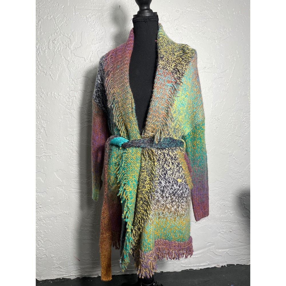 Greylin Natalia Multicolor Fringe Belted Cardigan Anthropologie SP Petite